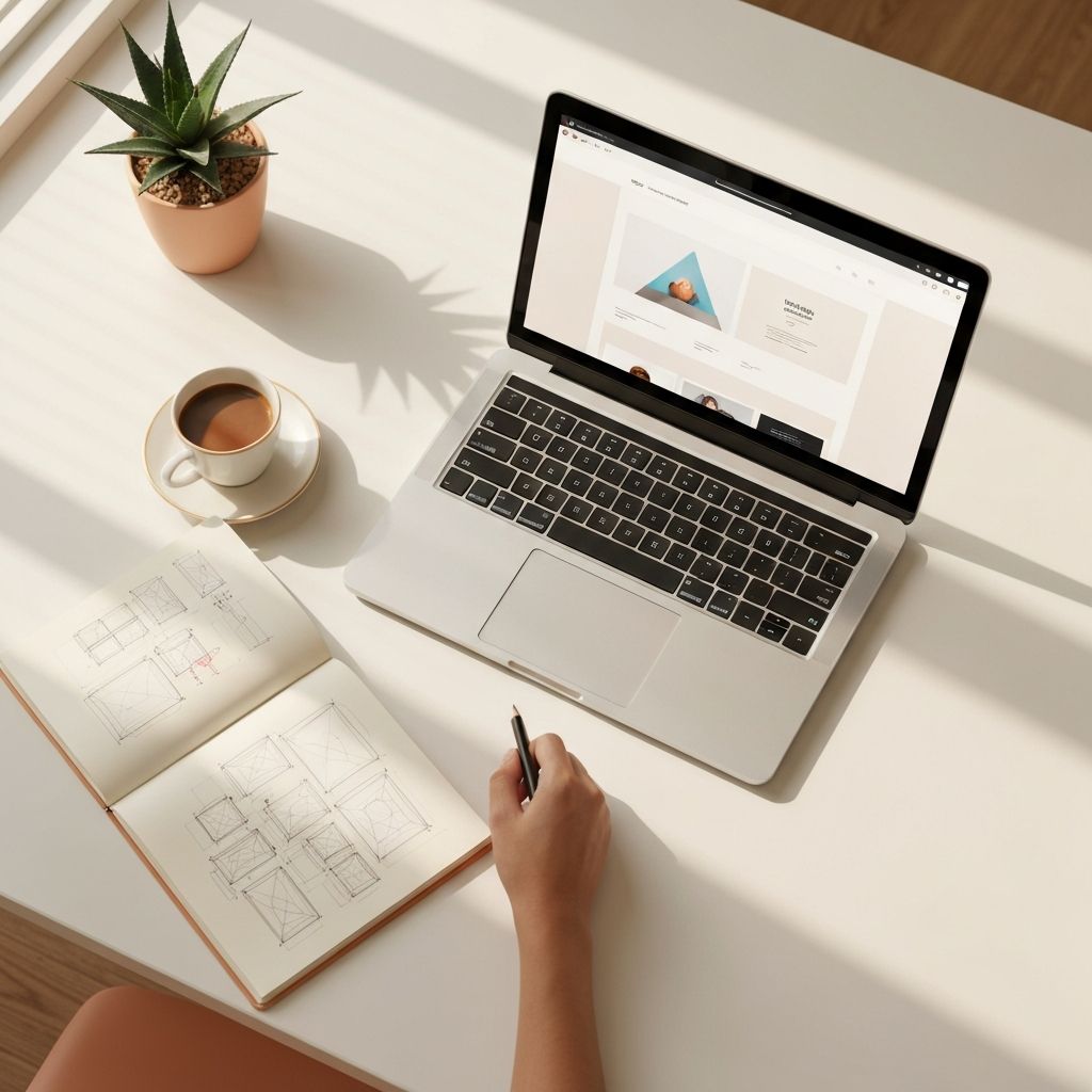A bright workspace with a laptop showing a modern website design, alongside wireframe sketches and a coffee cup