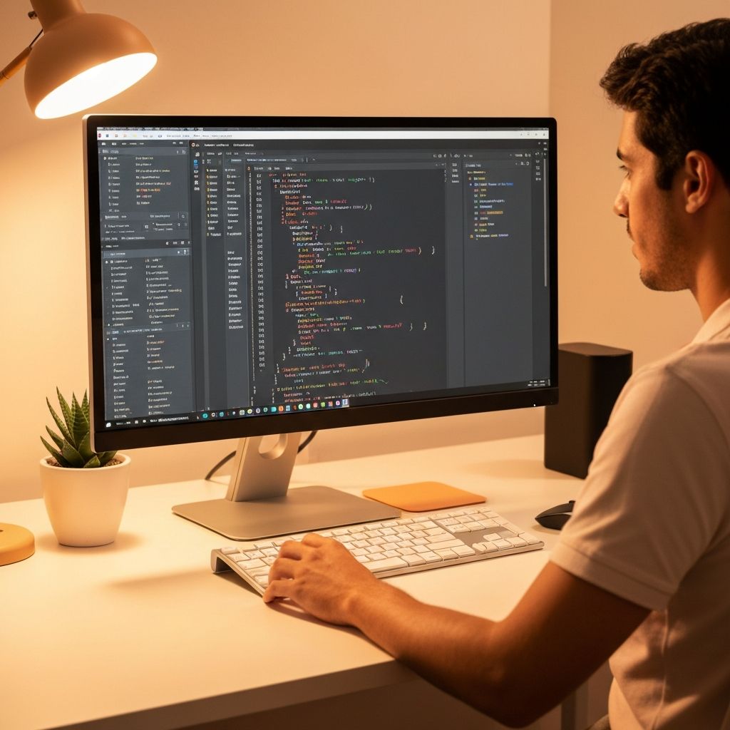 A clean developer workspace with a monitor showing code in a light-themed editor